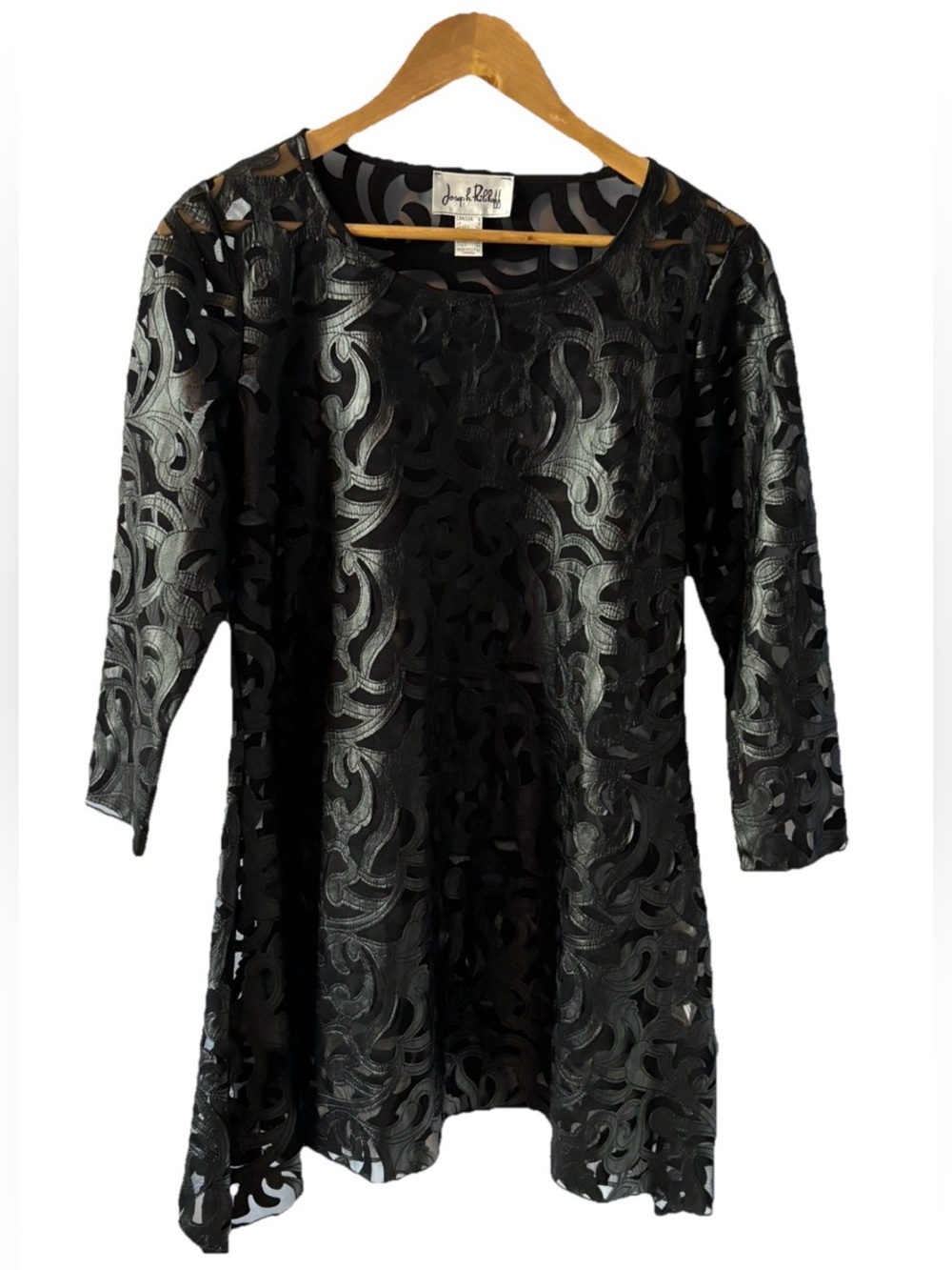 Joseph Ribkoff Mesh Faux Leather Applique Black Mini Swing Dress Size 6 Tunic